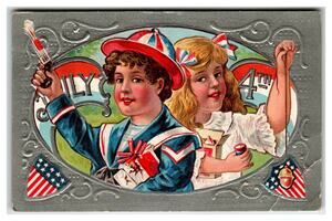 Vintage July 4th Postcard Embossed Children Sparkler Flag Patriotic Holiday